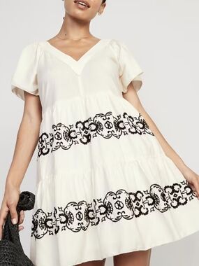 Old Navy Cream Mini Dress with Black Embroidered Bands